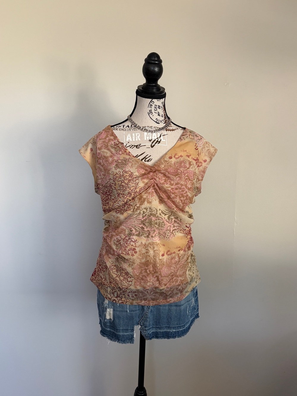 Y2K Fairycore Peach Floral Mesh Ruched V-Neck Top | Dreamy 2000s Whimsigoth